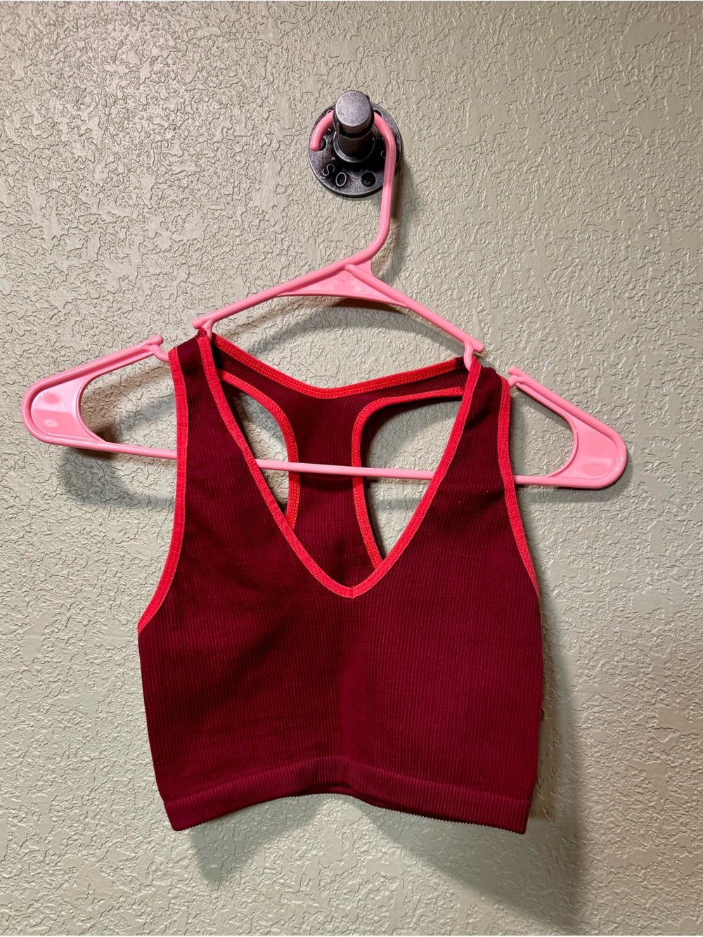 FP Movement by Free People Burgundy Ribbed V-Neck Tank with Pink Trim Small